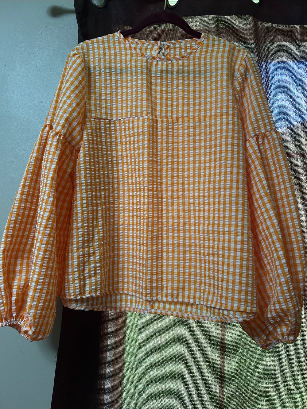 Women’s Orange Gingham Balloon-Sleeve Top